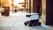 © Felippe Lopes - Autonomous delivery vehicle on urban sidewalk White and black robot on wheels navigating city streets blending tech with everyday life