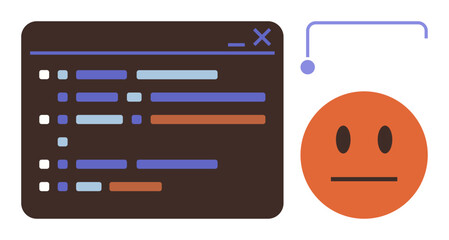 Coding window with colored lines beside a minimalist sad orange face connected by a thin arrow. Ideal for programming, debugging, user feedback, interaction, problem-solving, emotions, technology