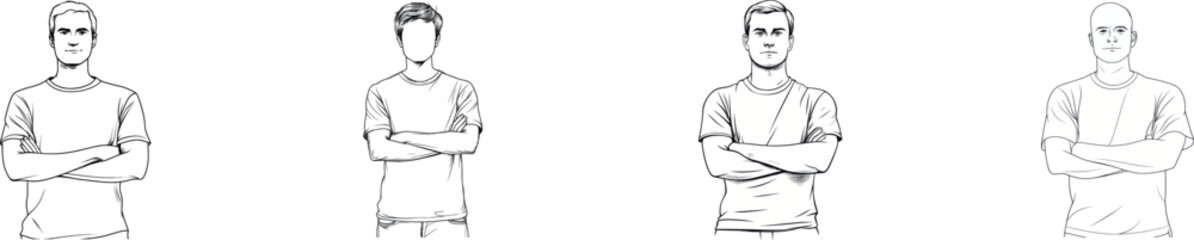 A man standing with his arms crossed on his chest is illustrated in a single line drawing set against a white isolated background