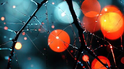 Dew-kissed spiderweb at night, illuminated by city lights.