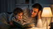 © Mohamed Nageeb - A tender, quiet moment of a father reading a bedtime story to his son, a heartwarming image of parenting, love, imagination, and family routine.