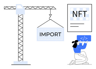 Crane lifting container labeled Import, NFT document design, developer coding on screen. Ideal for technology, blockchain, NFT, importexport, logistics, coding simple landing page