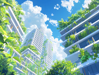 Wall Mural - Modern Cityscape with Lush Green Plants Under a Bright Blue Sky