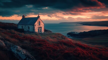 Wall Mural - photo of a cottage overlooking the coast in West Wales, incredibly vivid colors, autumn colors in hues of red and gold, vivid blues, incredibly striking sunset
