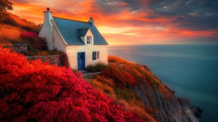 Wall Mural - photo of a cottage overlooking the coast in West Wales, incredibly vivid colors, autumn colors in hues of red and gold, vivid blues, incredibly striking sunset
