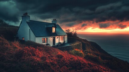 Wall Mural - photo of a cottage overlooking the coast in West Wales, incredibly vivid colors, autumn colors in hues of red and gold, vivid blues, incredibly striking sunset
