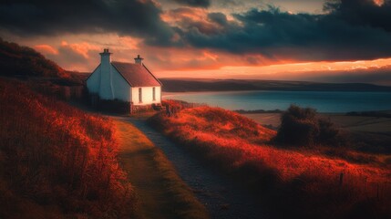 Wall Mural - photo of a cottage overlooking the coast in West Wales, incredibly vivid colors, autumn colors in hues of red and gold, vivid blues, incredibly striking sunset
