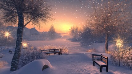 Wall Mural - Photo showing Grateful for dawn, a fresh new start, Resetting mood, with a grateful heart. Nature's serenity, snow's gentle gleam, Finding calm in a winter scene