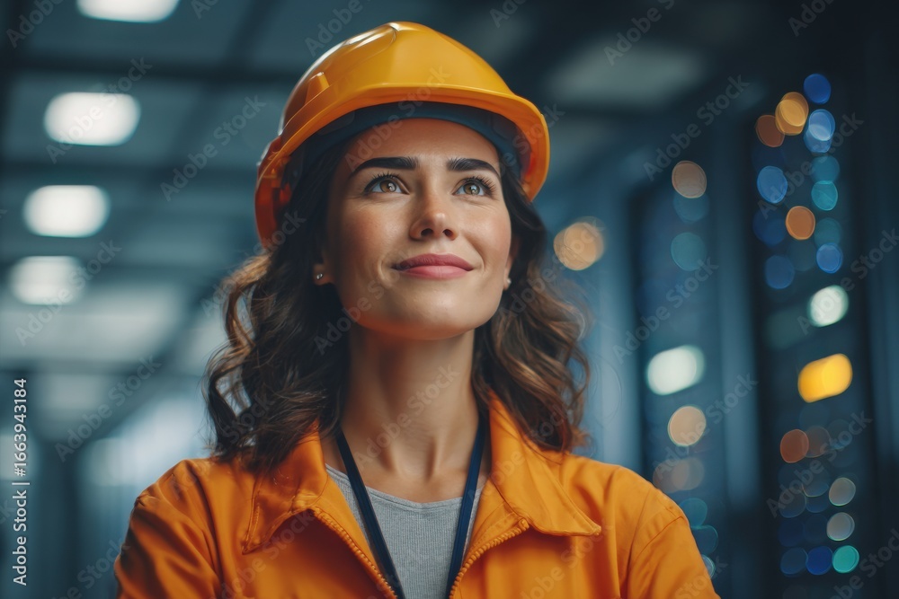 A woman wearing a bright yellow hard hat and an orange safety jacket looks confidently ahead in a contemporary industrial environment, conveying determination and leadership in her role.