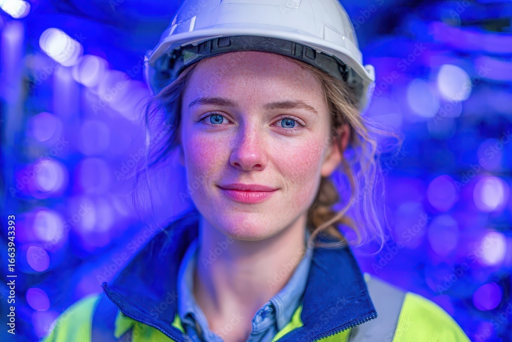 A young female engineer, wearing a hard hat and safety gear, smiles confidently in a high-tech environment lit by colorful lights. The setting suggests advanced technology being used.