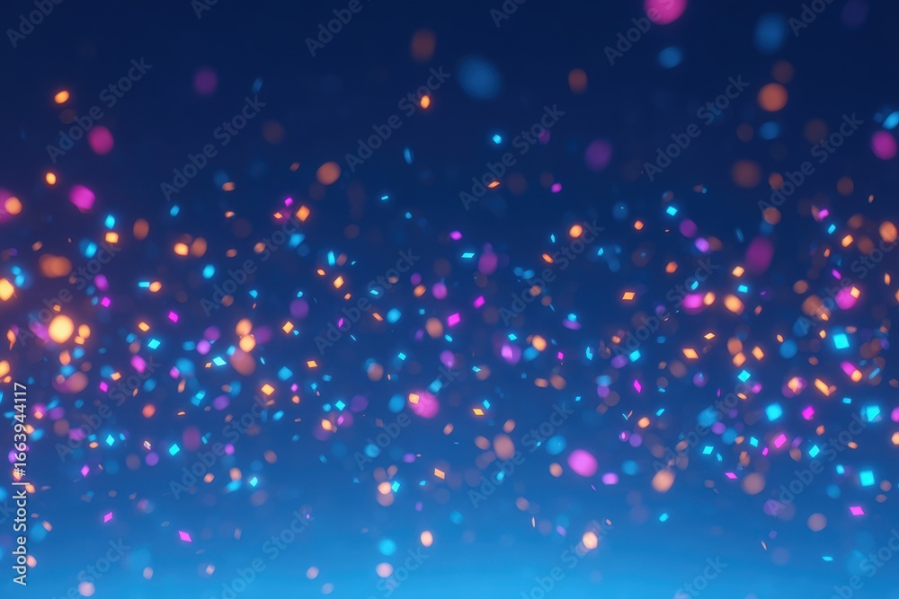 A vibrant array of colorful lights in hues of blue, purple, pink, and orange twinkle against a deep twilight backdrop, evoking a sense of celebration and wonder.