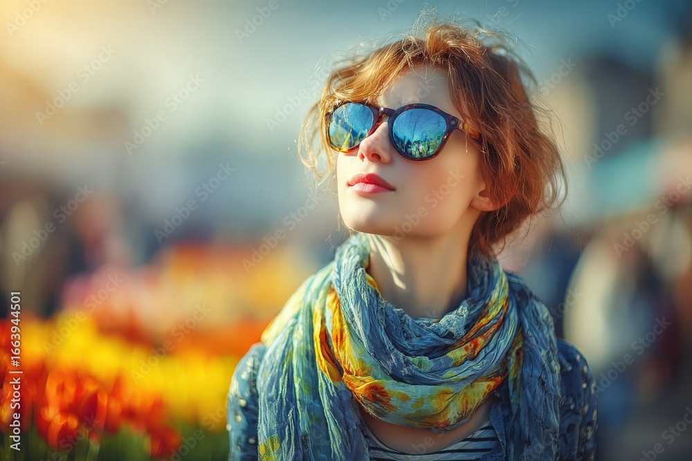 A young woman stands with a relaxed expression, wearing sunglasses and a colorful scarf, surrounded by blooming flowers at a bustling outdoor market on a sunny day.
