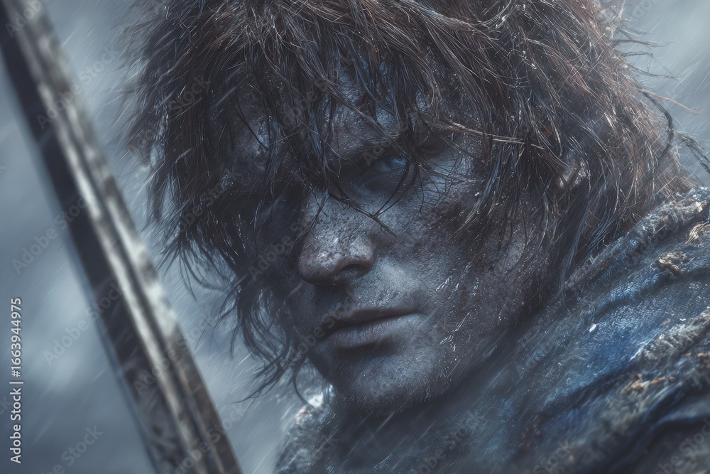 A determined warrior stands in a storm, rain falling around him. With a sword raised, he gazes intensely ahead, his rugged face marked by dirt and rain. The atmosphere is tense and dramatic.