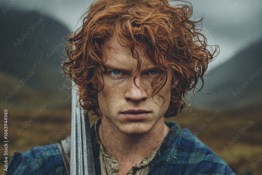 A fierce young warrior with curly red hair and intense blue eyes faces the camera. Dressed in rugged attire, he stands under dark, looming clouds, with rain adding to the somber atmosphere.