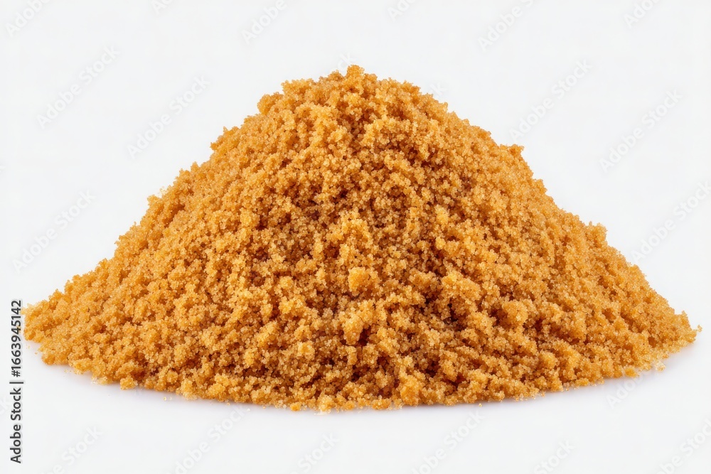 A finely granulated pile of brown sugar sits against a plain white background, highlighting its rich color and texture often used in baking and cooking to enhance sweetness.