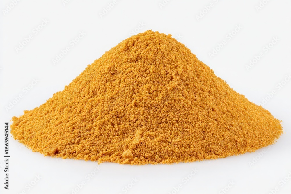 A vibrant mound of golden-colored spice sits against a plain background. This spice is commonly used in cooking to enhance flavors, adding warmth and depth to various dishes.
