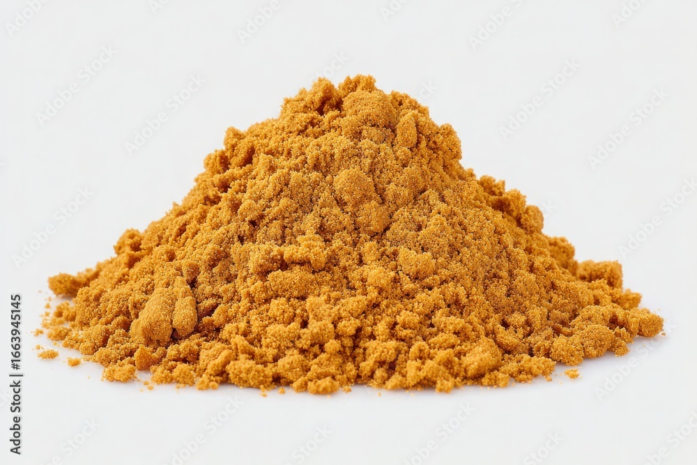 Bright yellow-orange ground turmeric powder is piled high on a smooth white surface. Its fine texture and rich color highlight the spices culinary uses and health benefits.