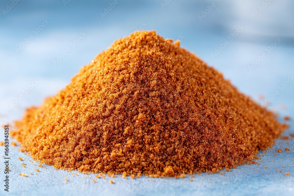 A vibrant mound of finely ground spice showcases a warm, earthy hue. The texture reflects potential in various dishes, enhancing flavors and aromas in cooking.