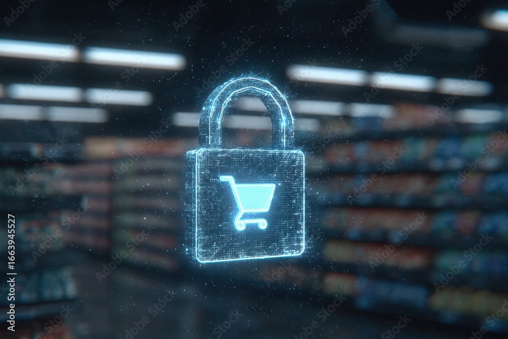 A holographic padlock appears in a grocery store aisle, representing the concept of secure online shopping.