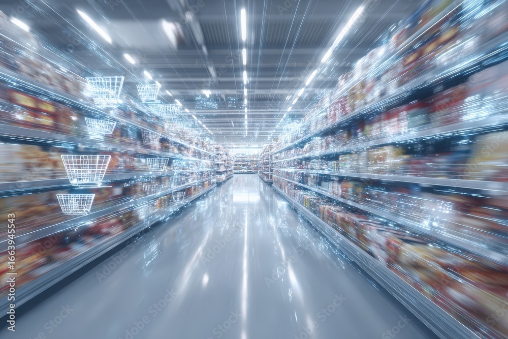 A vibrant grocery store aisle reveals a blurred perspective of various food products and neatly arranged shelves under bright lighting. The motion effect suggests movement through the space.