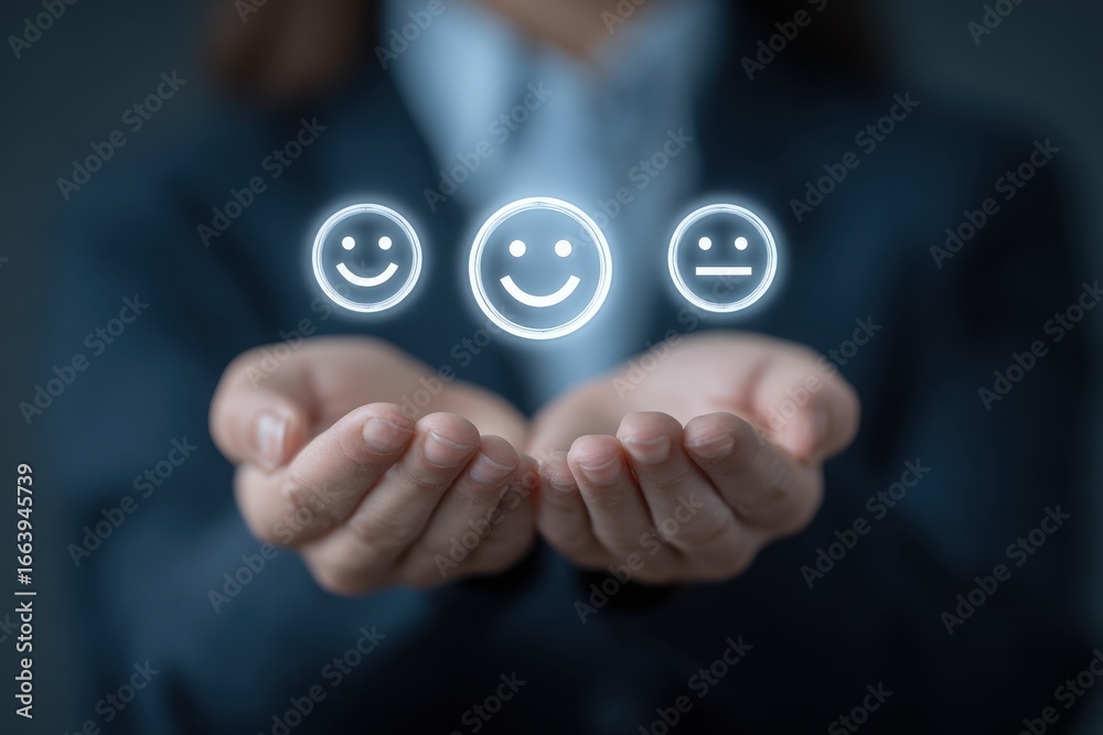 Two hands are extended outward, showcasing three glowing emoticons representing varying levels of happiness. The backdrop suggests a professional environment, emphasizing emotional expression.