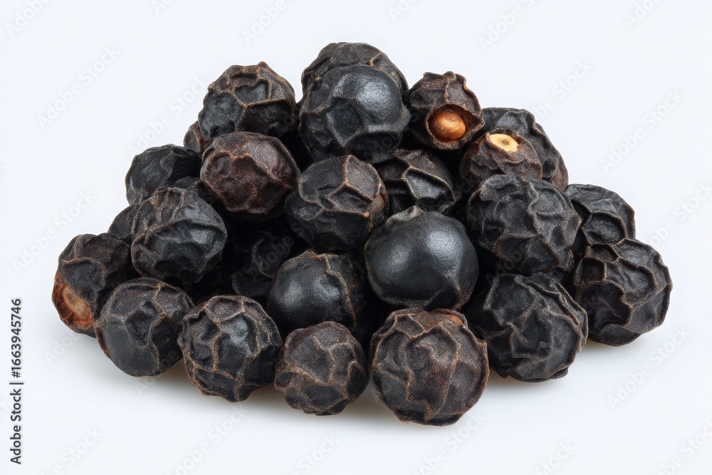 A pile of black pepper seeds is arranged neatly on a light gray background, showcasing their dark, bumpy texture and irregular shapes, emphasizing their natural quality and form.