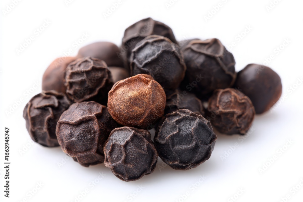 A collection of black and brown whole peppercorns sits on a clean white surface. The peppercorns vary in size and texture, creating an appealing visual contrast that highlights their unique shapes.