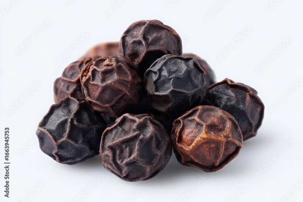 Black peppercorns with a textured surface are stacked against a light neutral background. These aromatic spices enhance dishes with their robust flavor and are essential in many cuisines worldwide.