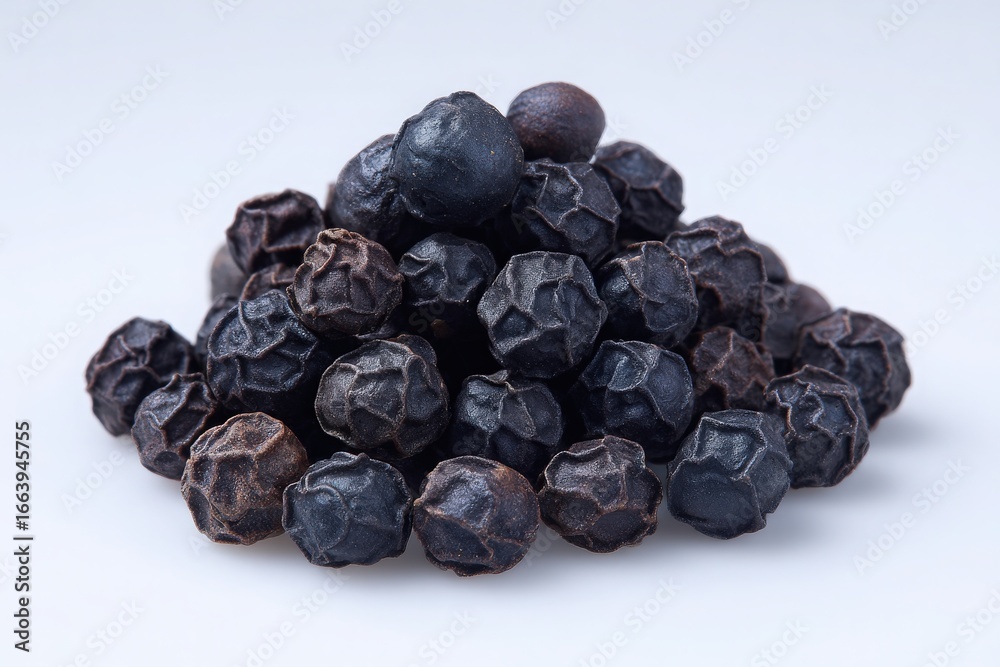 A close-up view of a pile of dark black peppercorns displayed on a light surface, showcasing their textured round shape perfect for seasoning and flavoring in cooking.