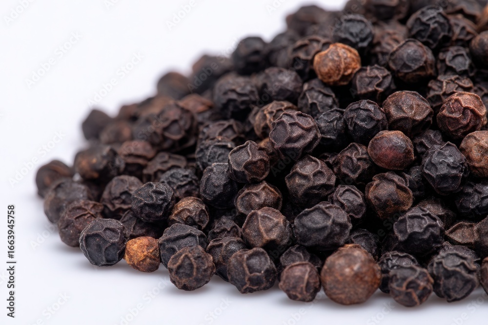 A mound of black peppercorns displays their unique texture and rich color. Perfect for enhancing flavors in cooking or as a spice in seasoning blends.
