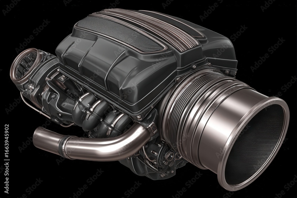 A detailed view of a high-performance car engine demonstrates intricate components and innovative design. This powerful engine features smooth lines and advanced materials aimed for efficiency.