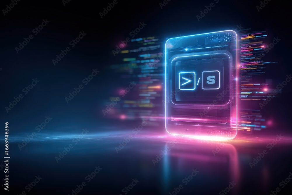 A glowing digital interface displays coding symbols against a dark backdrop. Colorful data streams flow around it, creating a dynamic and modern technological atmosphere.