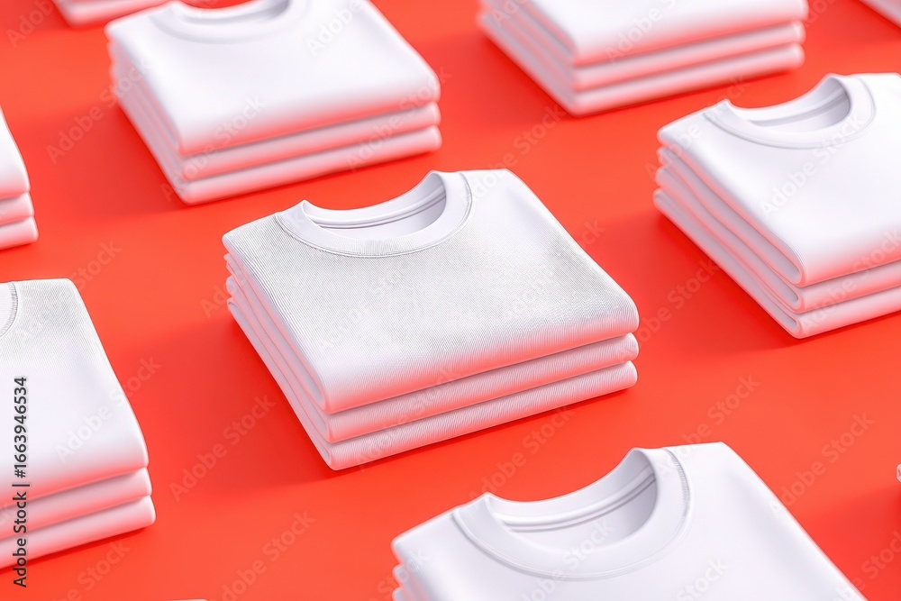Multiple neatly folded white t-shirts are arranged in rows on a bold red surface, creating a visually striking and minimalist composition that emphasizes simplicity and style.