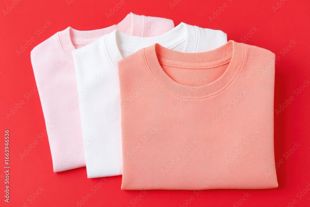 Three folded sweatshirts in soft cotton are neatly arranged, showcasing light pink, white, and peach colors against a vibrant red backdrop. The clean lines and simple colors create a modern look.