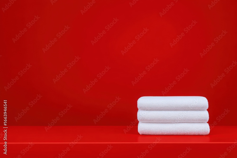 Soft, plush white towels are arranged in a neat stack on a shiny red surface. The vibrant red backdrop enhances the towels crisp appearance, creating a bold aesthetic.