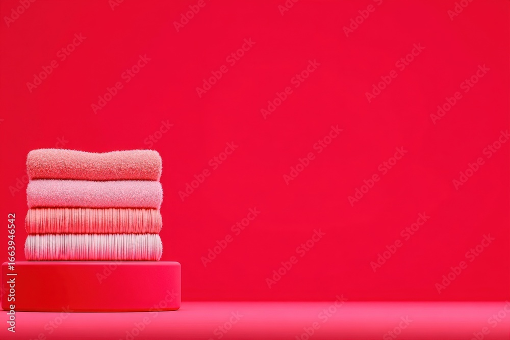 A stack of soft pink towels is displayed on a round base against a vibrant red background, highlighting the simplicity and color contrast. The focus is on texture and bold colors.