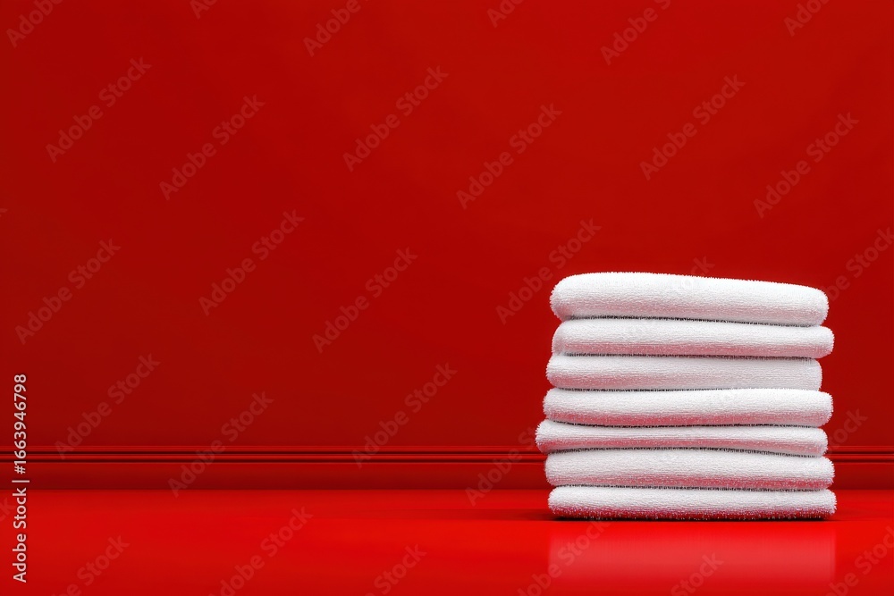 Crisp white towels are neatly stacked against a bold red wall and floor, creating a striking visual contrast. The arrangement showcases simplicity and cleanliness, ideal for a modern space.