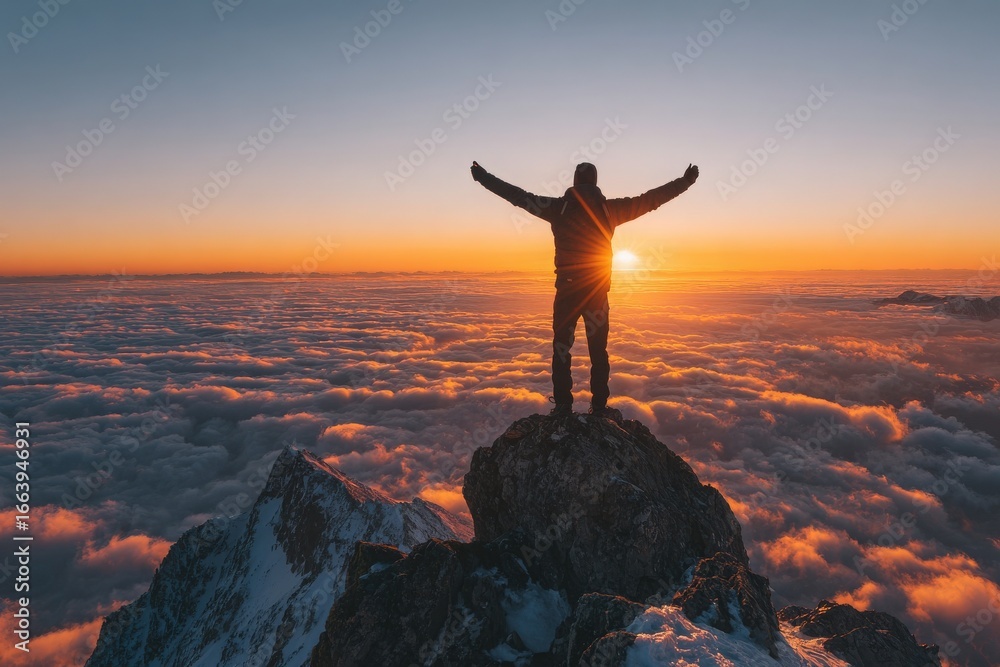 A person stands triumphantly atop a rocky peak, arms outstretched towards a vibrant sunset. Below, a sea of clouds stretches into the horizon, creating a breathtaking view.