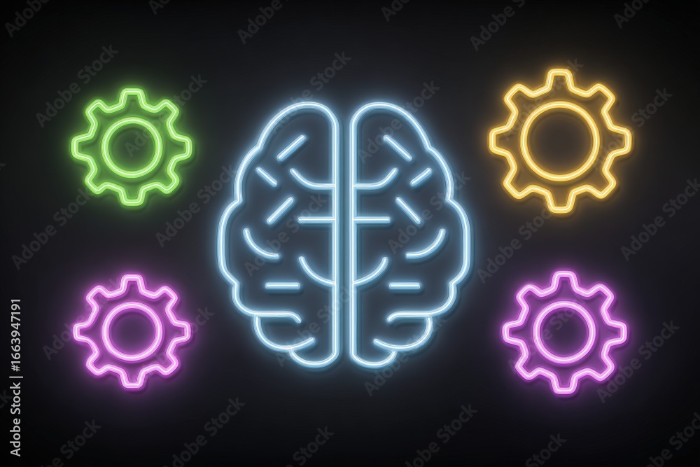 This visual displays a brightly lit neon brain surrounded by colorful gears on a black background. It emphasizes the relationship between creativity, technology, and innovation.