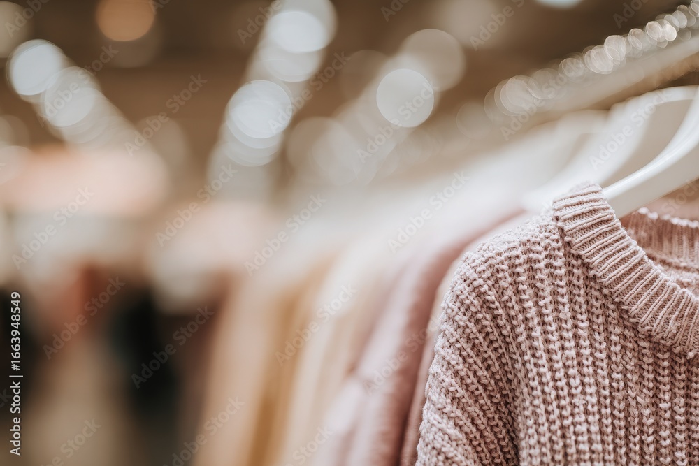Soft, textured sweaters in various shades hang on racks in a warm retail environment. Bright lights create a gentle glow, enhancing the inviting atmosphere for winter shopping.