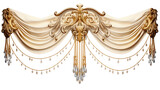 Luxury golden decorative curtain with baroque style drapery and crystal ornaments isolated on white background