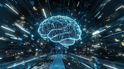 Glowing digital human brain in dark futuristic tunnel with abstract light particles energy lines for rapid data flow artificial intelligence machine learning big data neural network technology concept