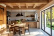 © Ramjan - Warm modern farmhouse kitchen with natural wood beams, dining table, and abundant sunlight streaming through large windows
