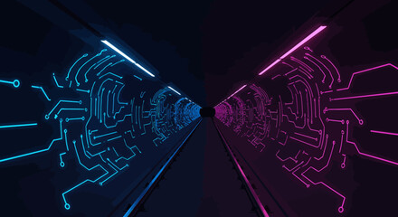 A futuristic digital tunnel with glowing blue and pink circuit board patterns on the walls.