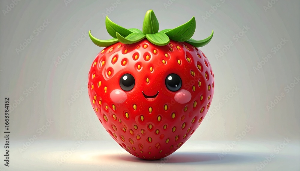 Cute 3D Kawaii Strawberry with Smiling Face and Rosy Cheeks Stock ...