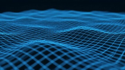 Intricate blue digital network grid with undulating wave-like surface, representing data flow.