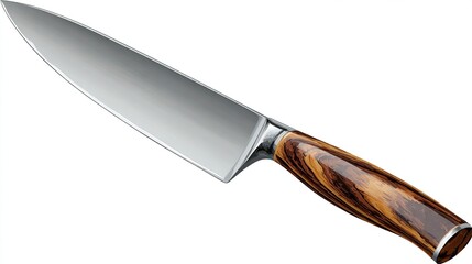 Glossy kitchen knife with wood grain handle and reflective silver blade on white