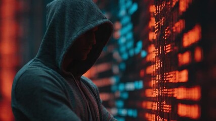 Digital Enigma: A shadowy figure wearing a hooded sweatshirt stands before a vibrant display of data streams. This image captures the essence of digital privacy, cybersecurity.