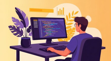 A focused programmer wearing glasses works diligently on a computer displaying lines of code, with a potted plant and a chart in the background, representing a modern workspace