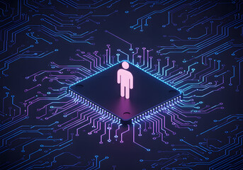 Human figure centered on computer chip representing technology
